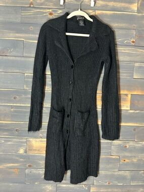 bebe Black Ribbed Long Cardigan Sweater (Mohair and Wool)